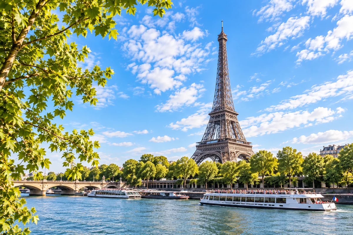 AI-created illustration of the Eiffel Tower and Seine in daylight