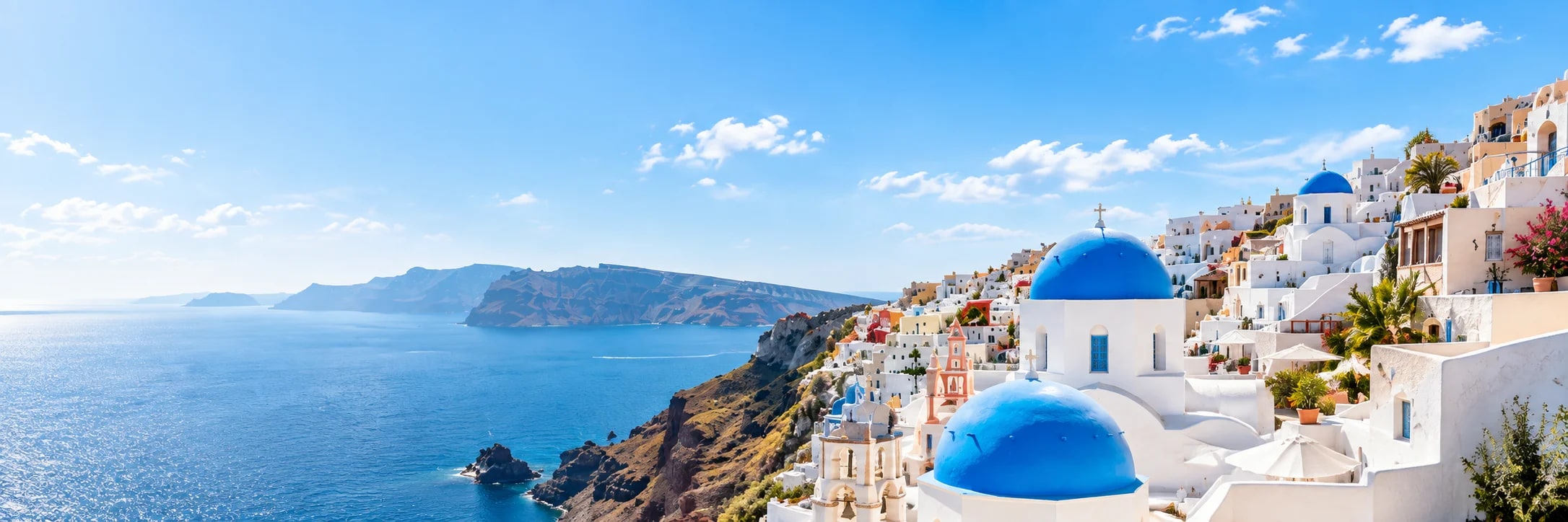 AI-created illustration of Santorini’s white buildings, blue domes and Aegean Sea