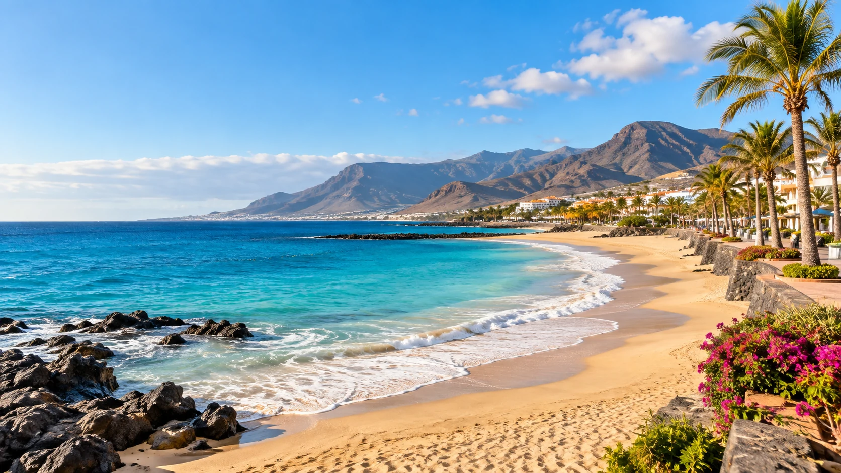 Palm-lined beach and volcanic mountains on the Canary Islands coast