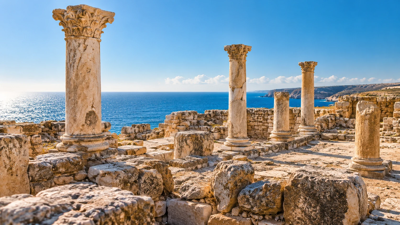 Ancient stone columns and archaeological ruins overlooking the sea in Cyprus