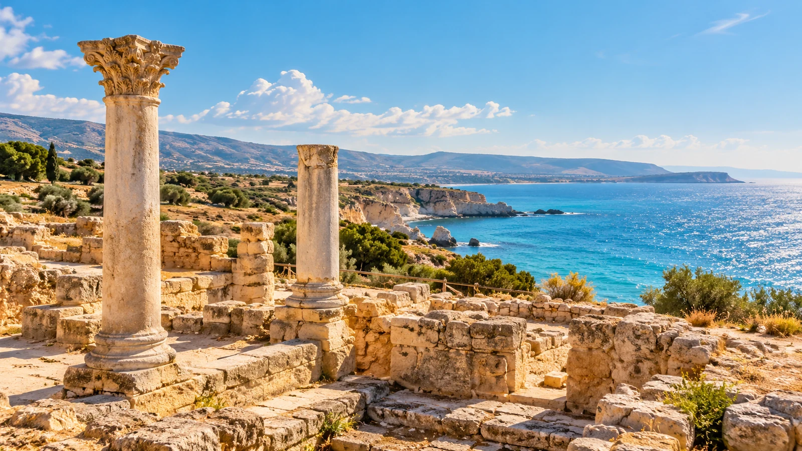 Ancient stone columns and ruins overlooking the Mediterranean in Cyprus
