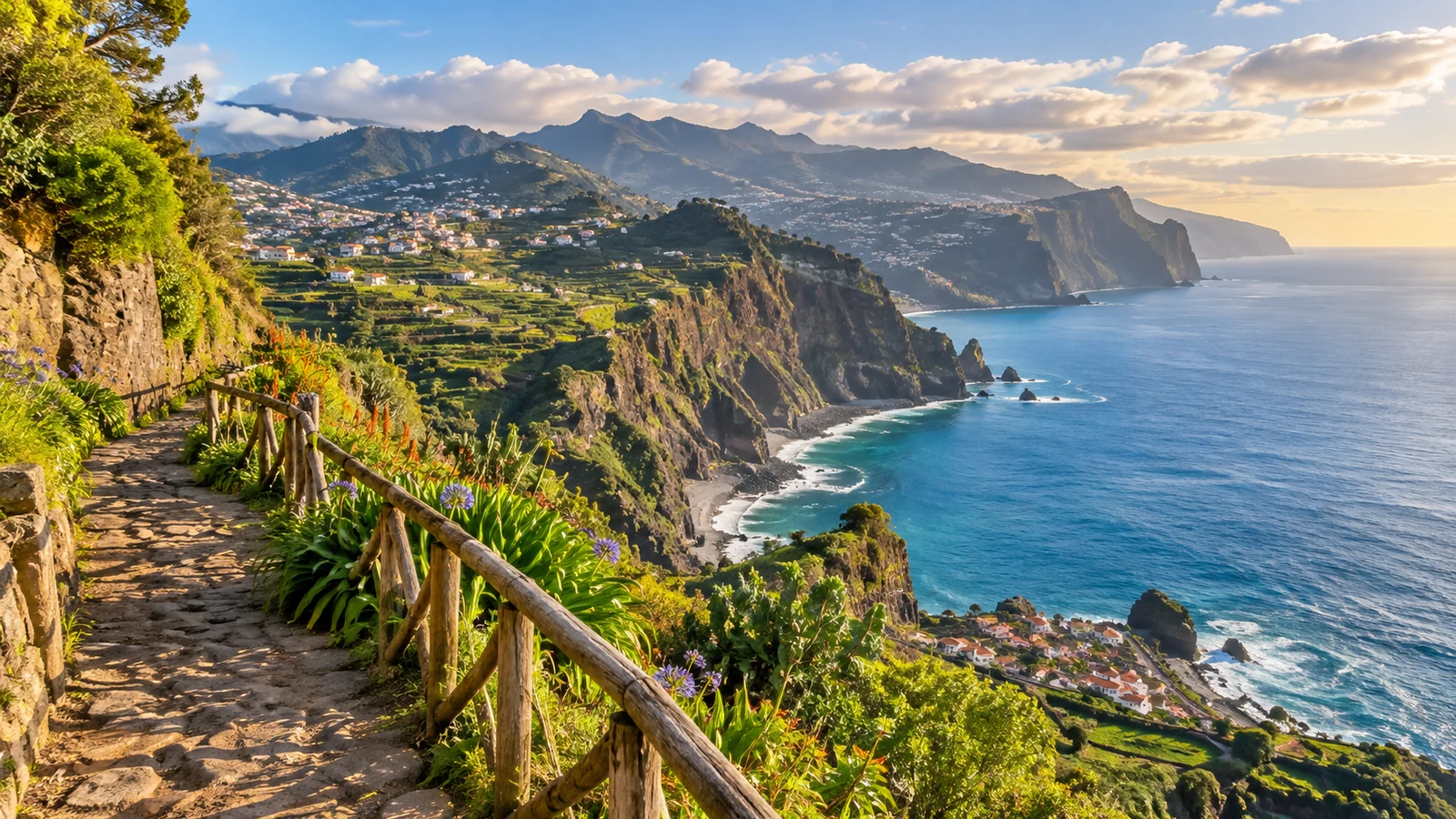 Coastal walking path above lush cliffs and the Atlantic Ocean in Madeira