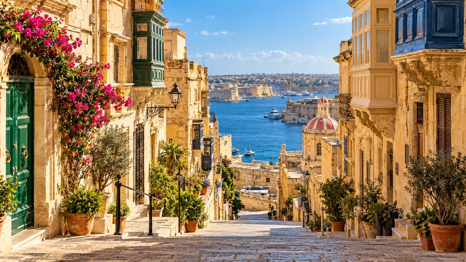 Limestone street and colourful balconies overlooking Valletta harbour in Malta