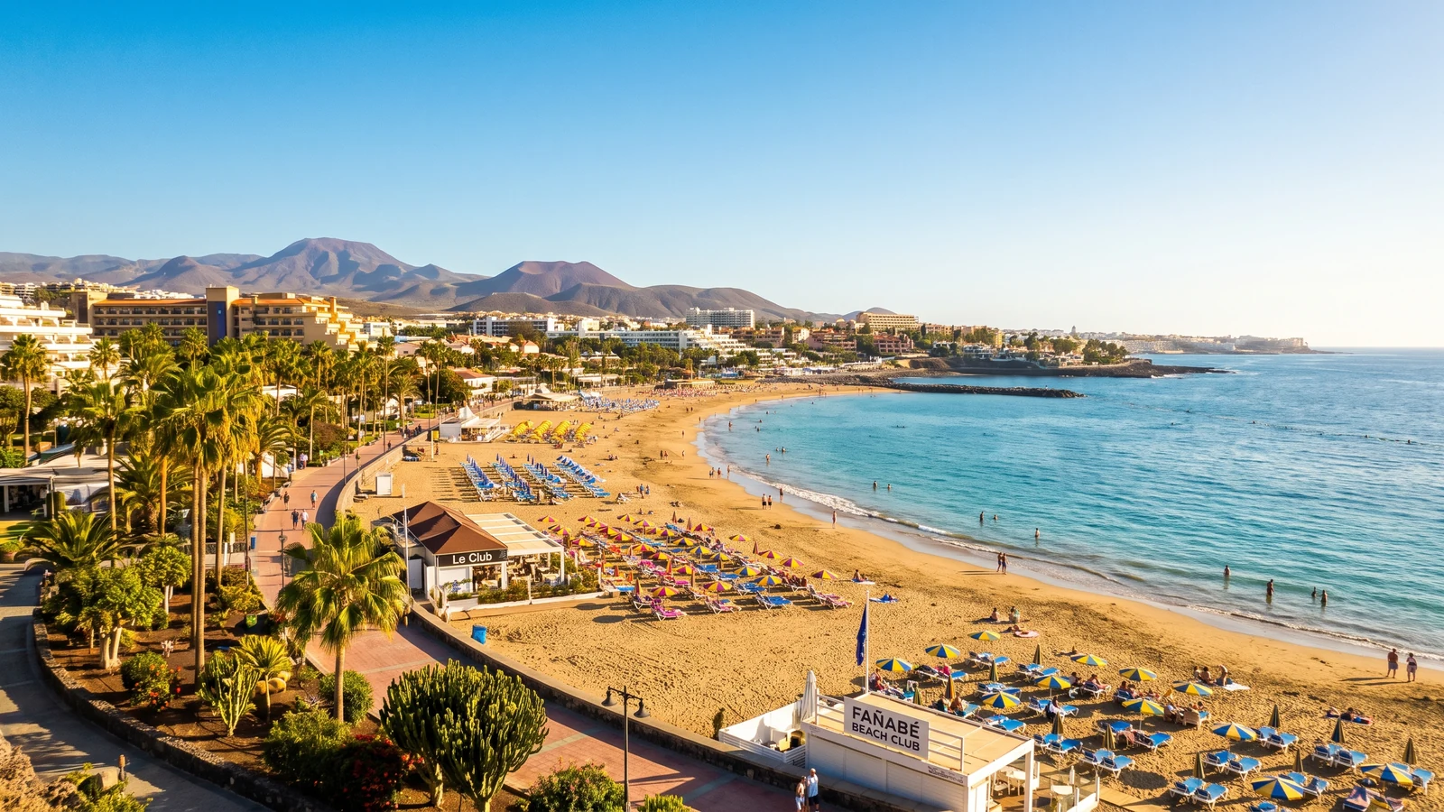 Beach and palm-lined promenade on the Costa Adeje coast in Tenerife