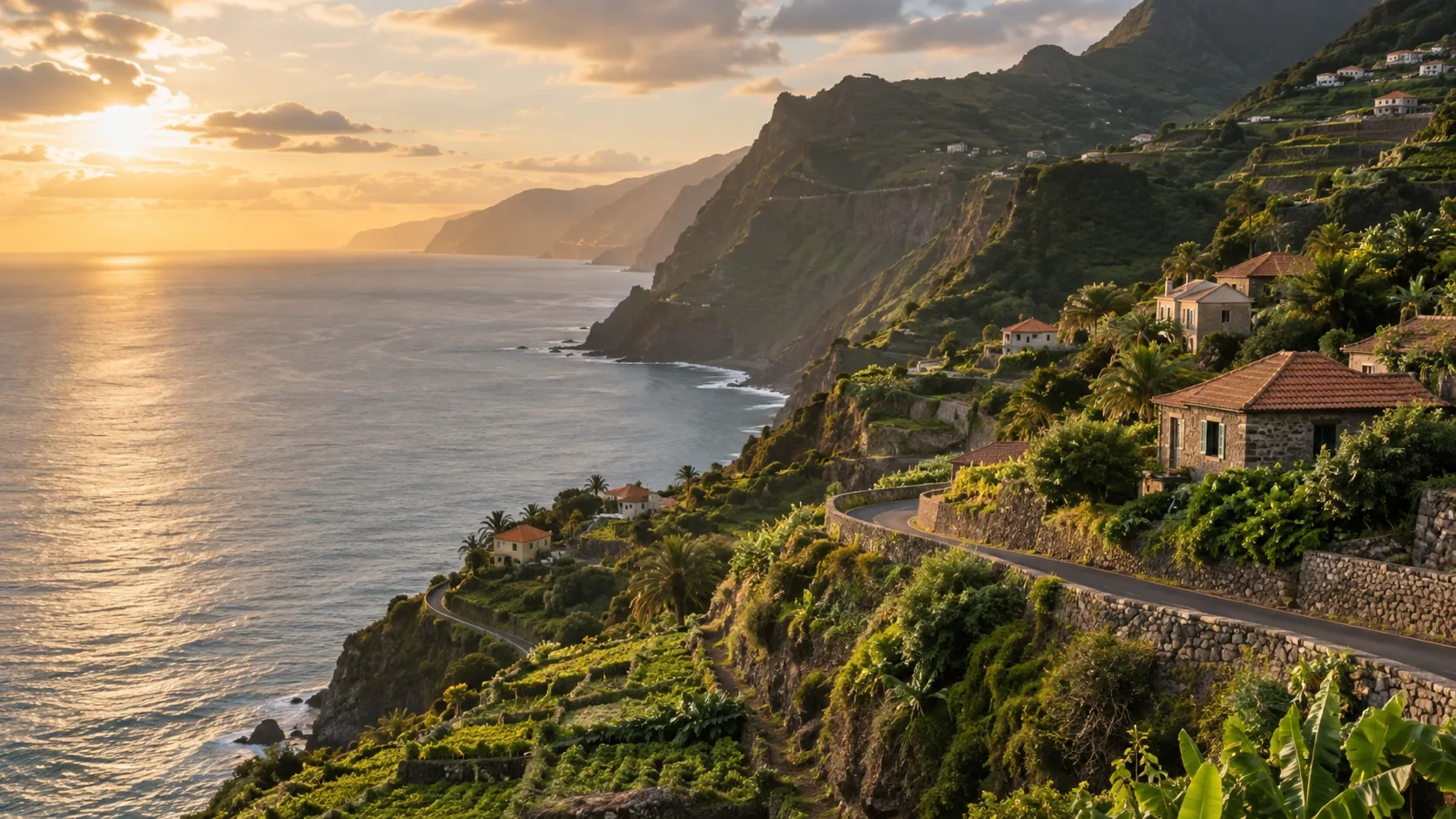 Green coastal cliffs, terraced hillsides and a winding road in Madeira