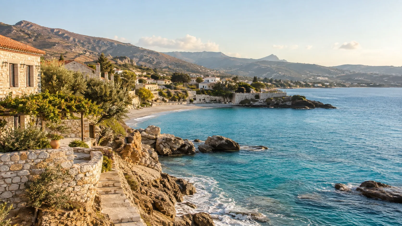 Coastal village and turquoise Mediterranean water in Crete in autumn