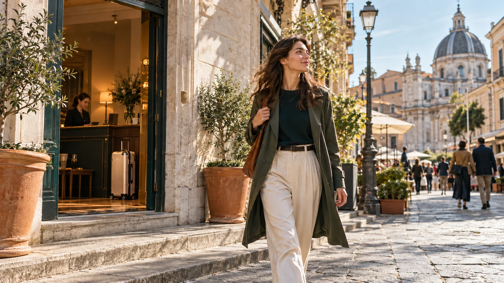 Traveler continuing through a European city after storing luggage at a hotel reception