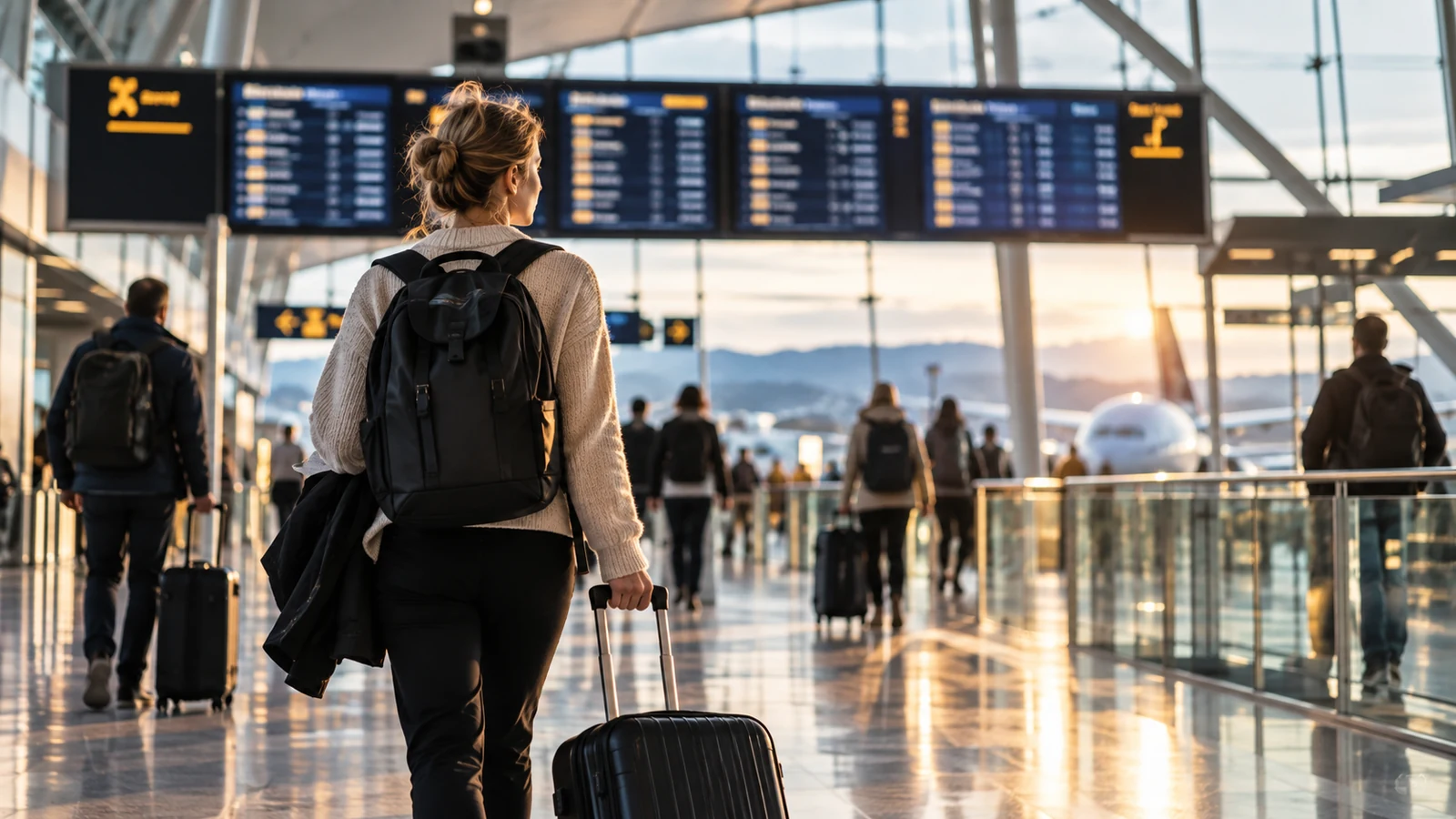 Traveler with luggage in an airport terminal beneath flight departure boards