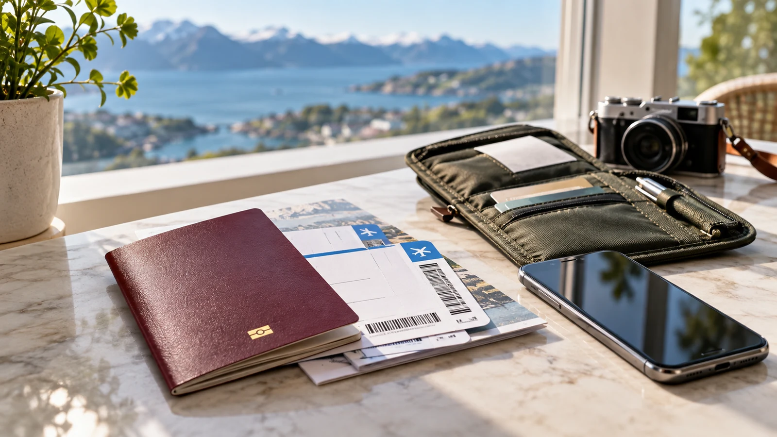 Pass, reisedokumenter, telefon og reisemappe samlet før avreise