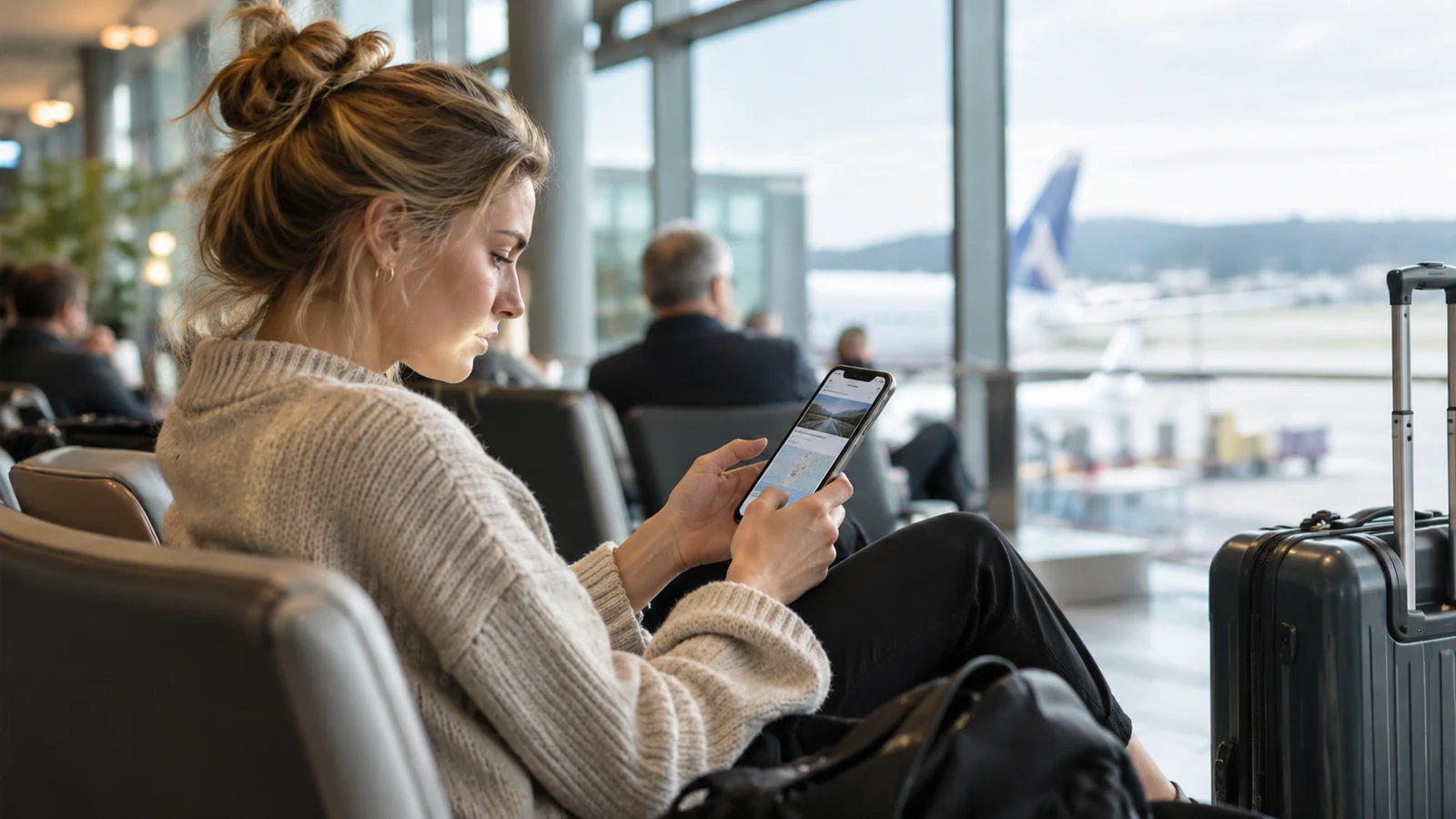 Reisende sjekker reiseinformasjon på telefonen ved avreisehallen