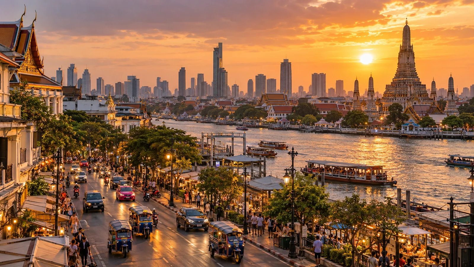 Bangkok skyline, riverside temples and boats on the Chao Phraya at sunset