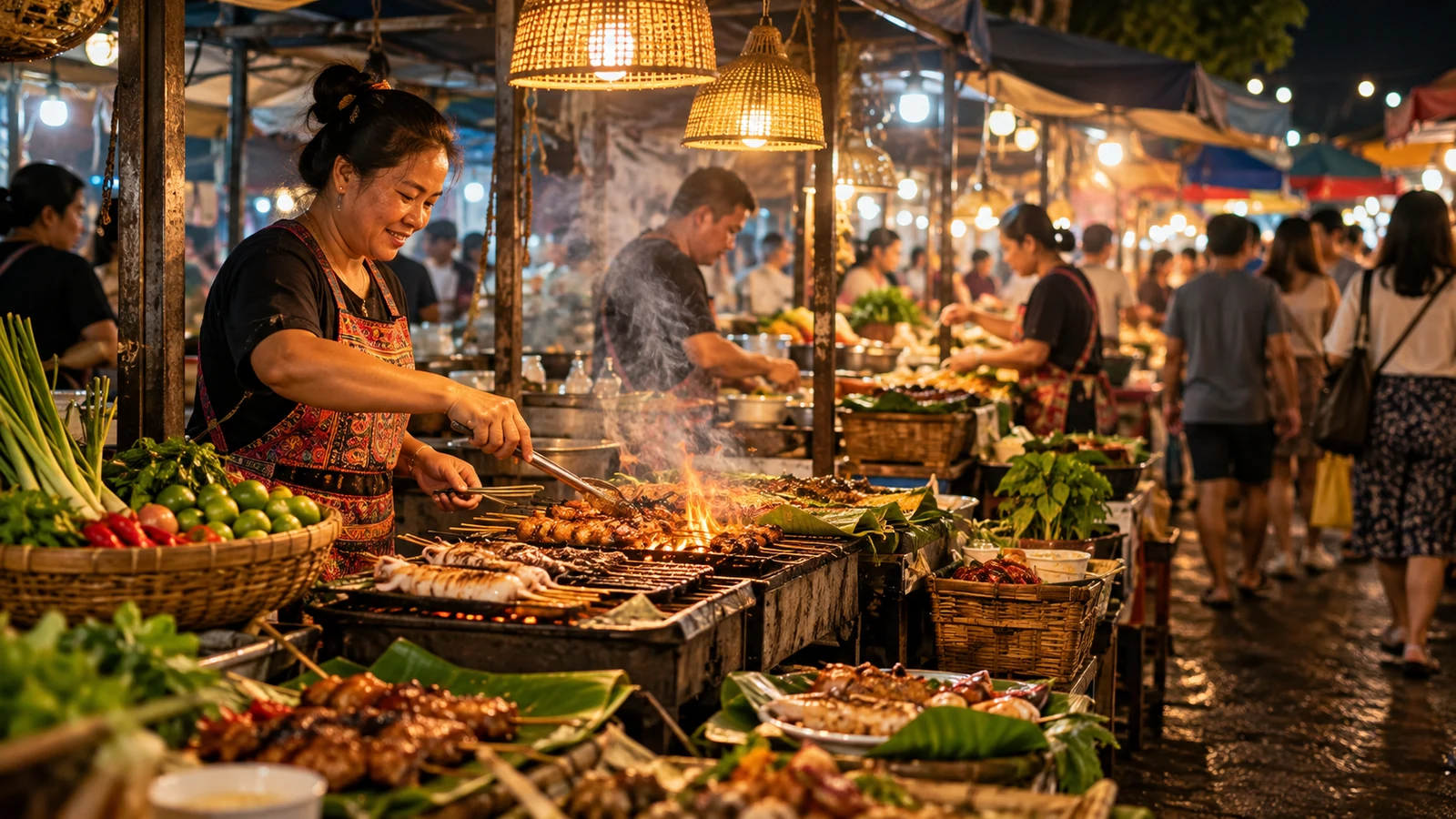 Cook grilling street food at a busy Southeast Asian night market