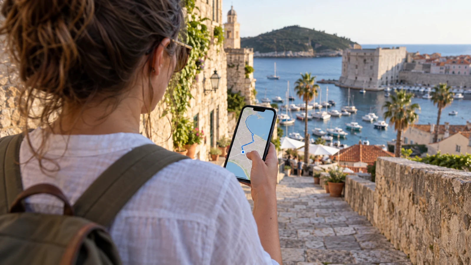 Traveler checking a smartphone map above a Mediterranean harbour
