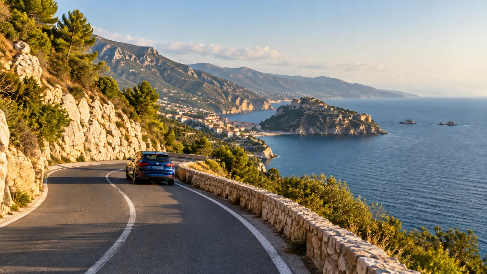 Modern compact car on a winding European coastal road