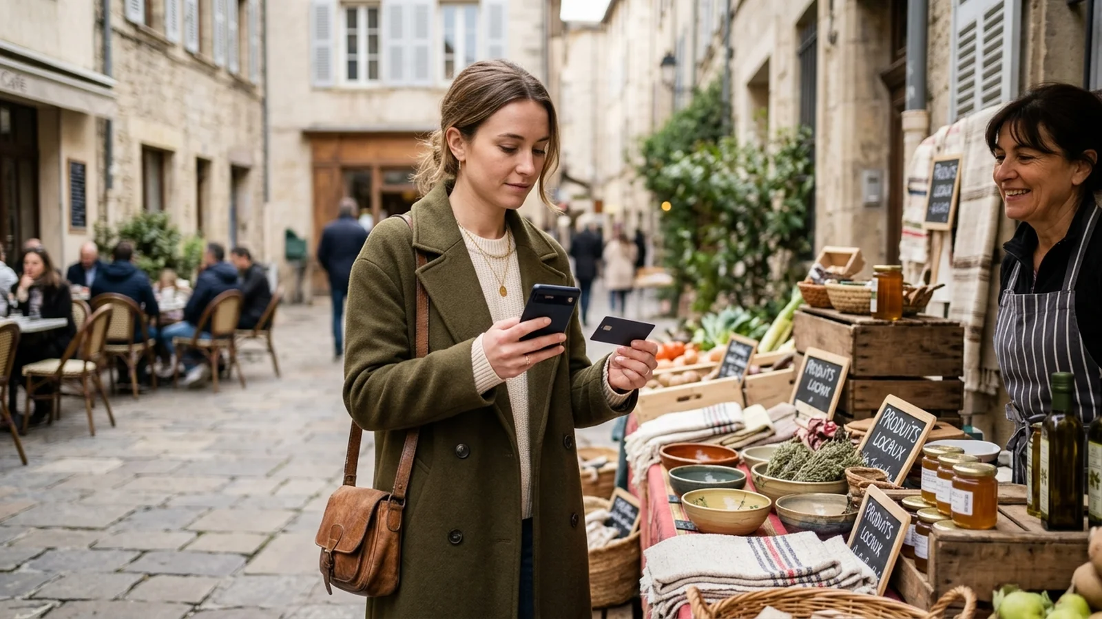 Traveler checking currency options on a smartphone before paying at a European market