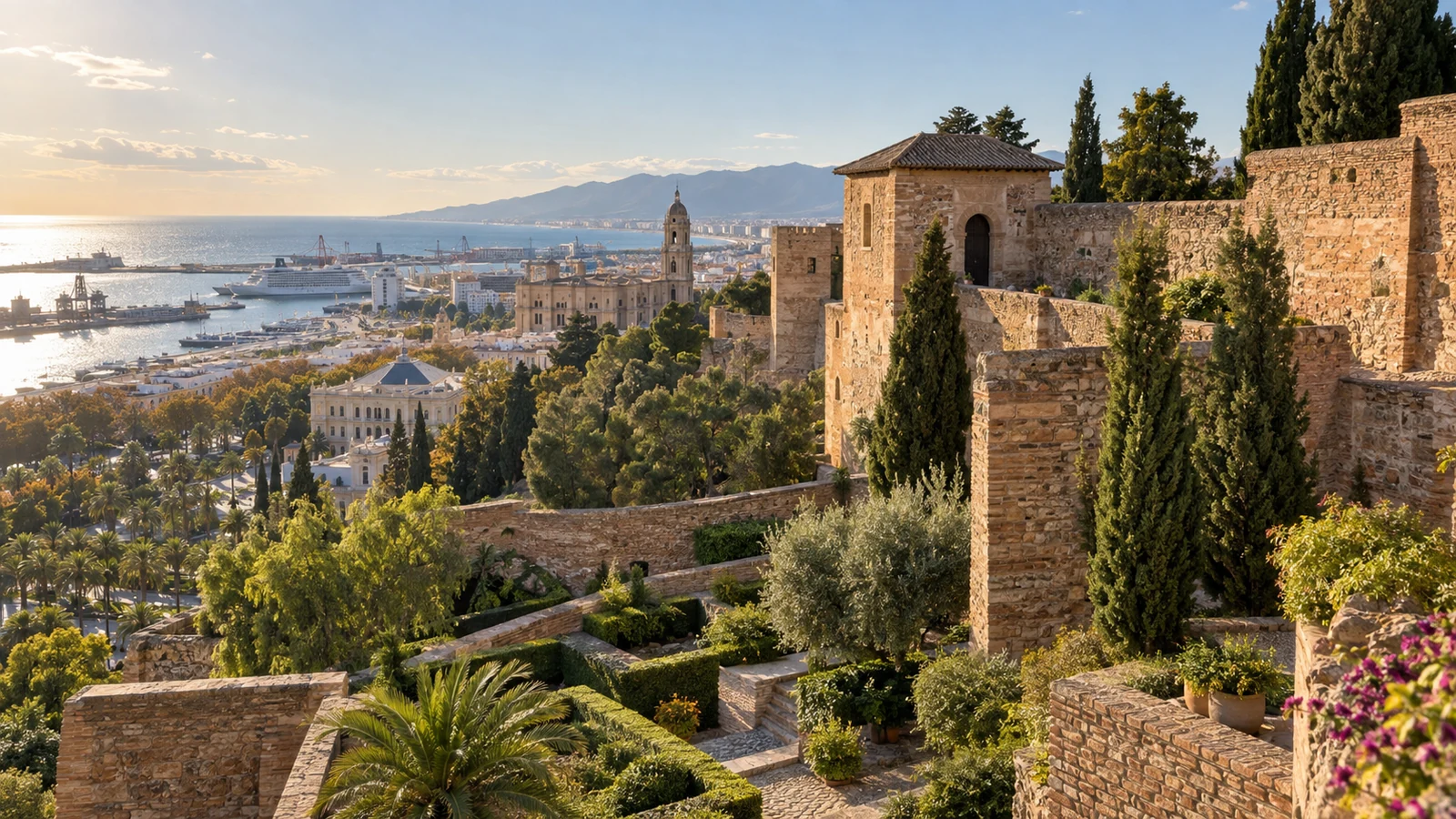 Historic stone fortifications and gardens overlooking the Málaga waterfront